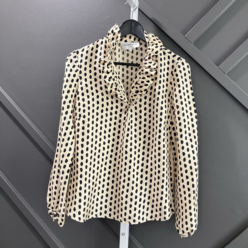 Elizabeth McKay Womens Sz 2 100% Silk Polka Dot Ruffle Neck Blouse Cream Black